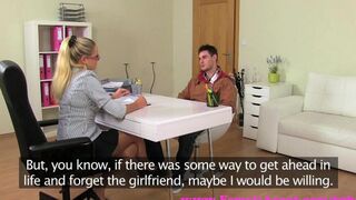 A blonde girl is fucking with a guy at the casting couch agent