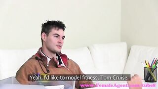 A blonde girl is fucking with a guy at the casting couch agent