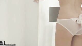 Skinny blonde masturbates her hairy pussy with intense passion
