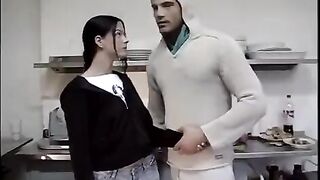 Fucked a naive girl in the kitchen without mercy