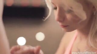 A sexy blonde is having fun with a guy in the studio