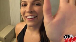 A beautiful woman is having quick sex directly in the bathroom