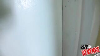 A beautiful woman is having quick sex directly in the bathroom
