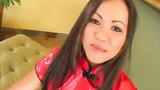 Korean beauty makes a blowjob to two guys in this hot scene