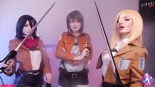 Three beautiful Attack on Titan characters in a hot lesbian threesome sex scene