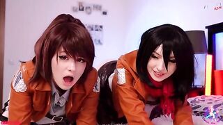 Three beautiful Attack on Titan characters in a hot lesbian threesome sex scene