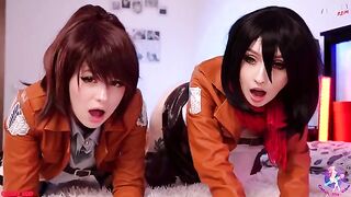 Three beautiful Attack on Titan characters in a hot lesbian threesome sex scene