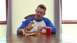 A wife has sex with herself using a cucumber, her husband watches