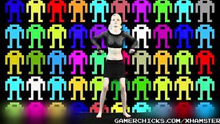 A sexy striptease performance by a young blonde dancer in front of a crowd of men