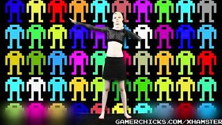 A sexy striptease performance by a young blonde dancer in front of a crowd of men