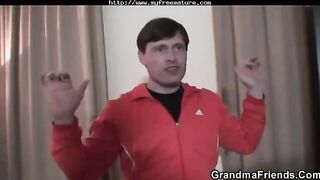 Sexual grandmother fucks her grandson and his father