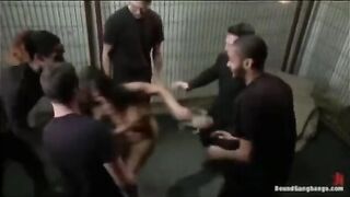 Five guys were fucked by a defenseless girl with a big dick in a rough group scene