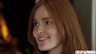 The man thoroughly licked the red hair of a woman before fucking