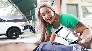 A dirty slut gets her panties wet and gets fucked by a mechanic