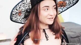 Lesbian beauties fucked in their sleepers by a guy in a Halloween role play