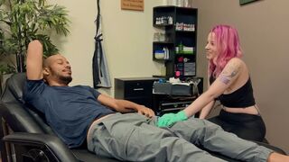 The guy with the tattoo has fun with an ass in his mouth
