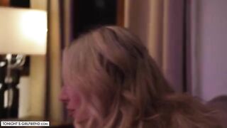 Kayley Gunner, the busty blonde, gives a foot job wearing sexy stockings