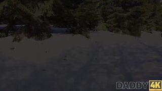 A hot chick has sex on the sled by the fireplace