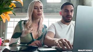 Cute blonde girl seduces her husband on the couch