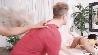 Two cute girls find a guy to fuck in threesome sex