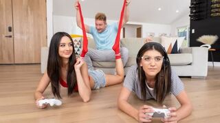 A girl is fucking her boyfriend in the gamer room