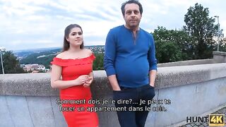 A very curvy girl gets fucked in front of her dad for money, a classic Hunt4K setup