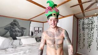 A blonde woman has a rough sex session on Christmas with a guy who cum in her pussy