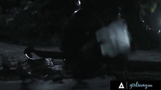 A sexy huntress gets a reward after saving the world in a thrilling scene