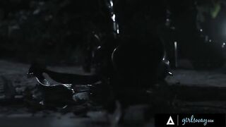 A sexy huntress gets a reward after saving the world in a thrilling scene