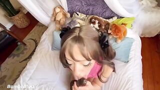 Teen brunette slut with a wet and queefing pussy begs for cock and facial