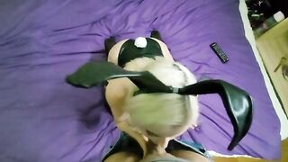 A cute bunny girl greedily swallows a cock right to the balls