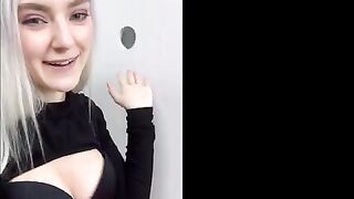 Cute teen gets a huge cumshot on her face through the glory hole