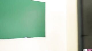 A black fan is blowing on the body of a naked teacher