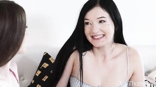 Delicate girls carefully put stick in the ass, exploring new sensations at 18