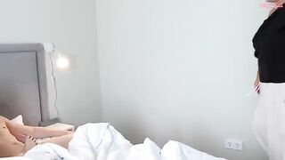 A cute girl bounces on a big mom’s boobs, getting her pussy eaten
