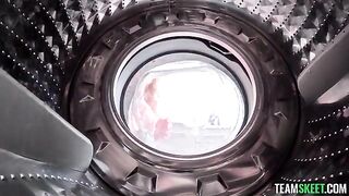 A hot blonde gets her clothes dirty in the washing machine and gets fucked