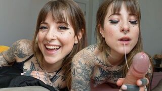 Petite tattooed girl sucks cock with her unique throat thing