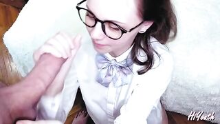Russian girl with glasses gets cum on her face