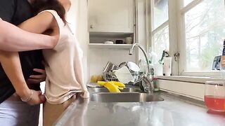 A couple has sex right in the kitchen, no one is stopping them