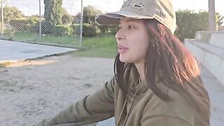 An actress is having sex with a stranger outdoors