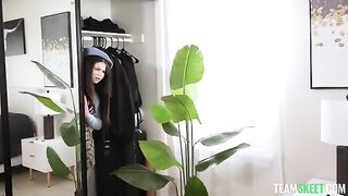 A young slender beauty has sex on the couch and shows her nipples