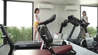 A girl is jumping on dick after spilling something on her T-shirt