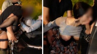 Babe fucked by several guys in the car, a wild dogging scene