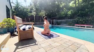 A woman with big tits has sex by the pool and gets a huge cumshot