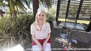 A cute blonde babe with huge tits gets fucked hard at work