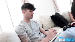 A brown-haired beauty got a huge dick and she almost choked on it