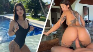 Girl sits on the bottom of the pool, her neighbor threw her a flotation device