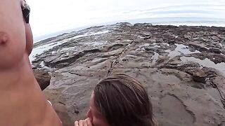 The girl made a blowjob on the beach, right in the water
