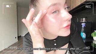 The girl cleans the apartment and trains her vagina muscles