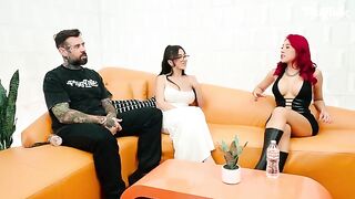 A sexy red-haired girl was fucked hard in a threesome after her interview